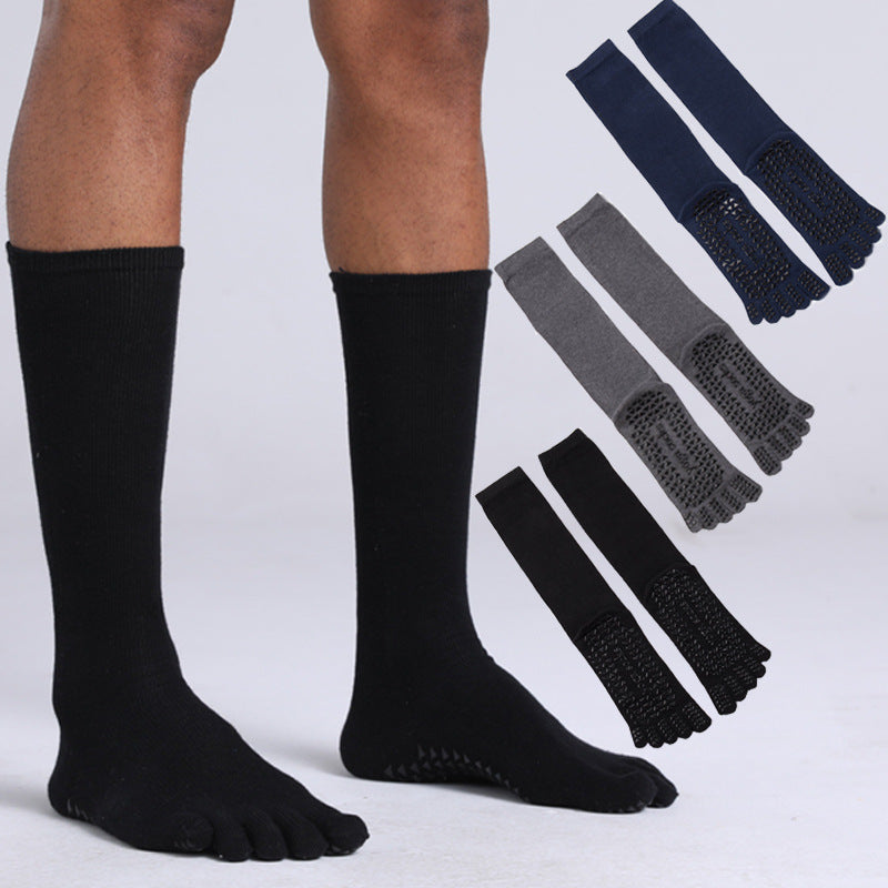 Men's Non-Slip Five-Toe Long Yoga Socks, 168N Cotton Mid-Calf Pilates Socks for Sports & Fitness