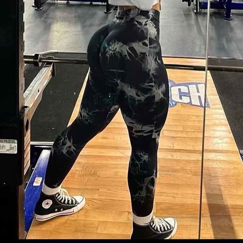 Tie-dye sports fitness trousers female high waist sexy peach hip hips seamless jacquard running fitness yoga pants