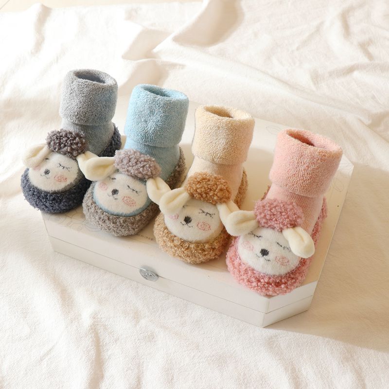 Cute Cartoon Non-Slip Baby Floor Socks, Terry Lined Mid-Calf Toddler Socks for Autumn & Winter
