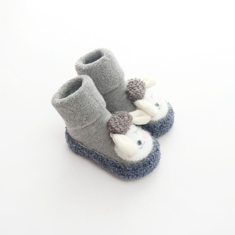 Cute Cartoon Non-Slip Baby Floor Socks, Terry Lined Mid-Calf Toddler Socks for Autumn & Winter