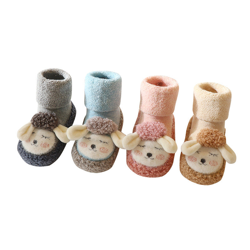 Cute Cartoon Non-Slip Baby Floor Socks, Terry Lined Mid-Calf Toddler Socks for Autumn & Winter