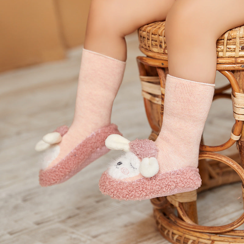 Cute Cartoon Non-Slip Baby Floor Socks, Terry Lined Mid-Calf Toddler Socks for Autumn & Winter