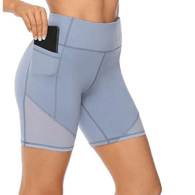 Solid Pocket High Waist Sports Shorts Quick Dry Gym Yoga Pants
