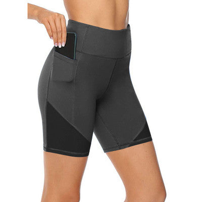 Solid Pocket High Waist Sports Shorts Quick Dry Gym Yoga Pants