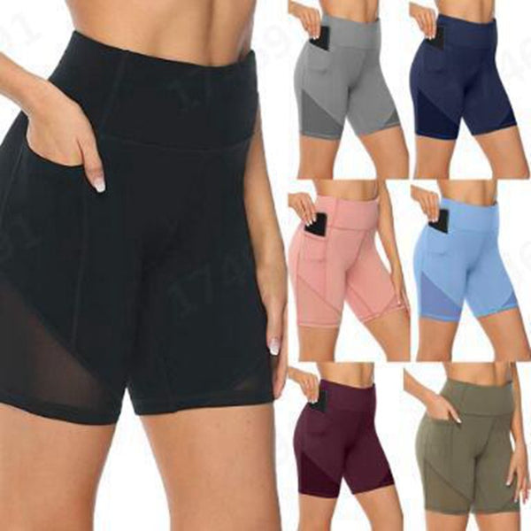 Solid Pocket High Waist Sports Shorts Quick Dry Gym Yoga Pants