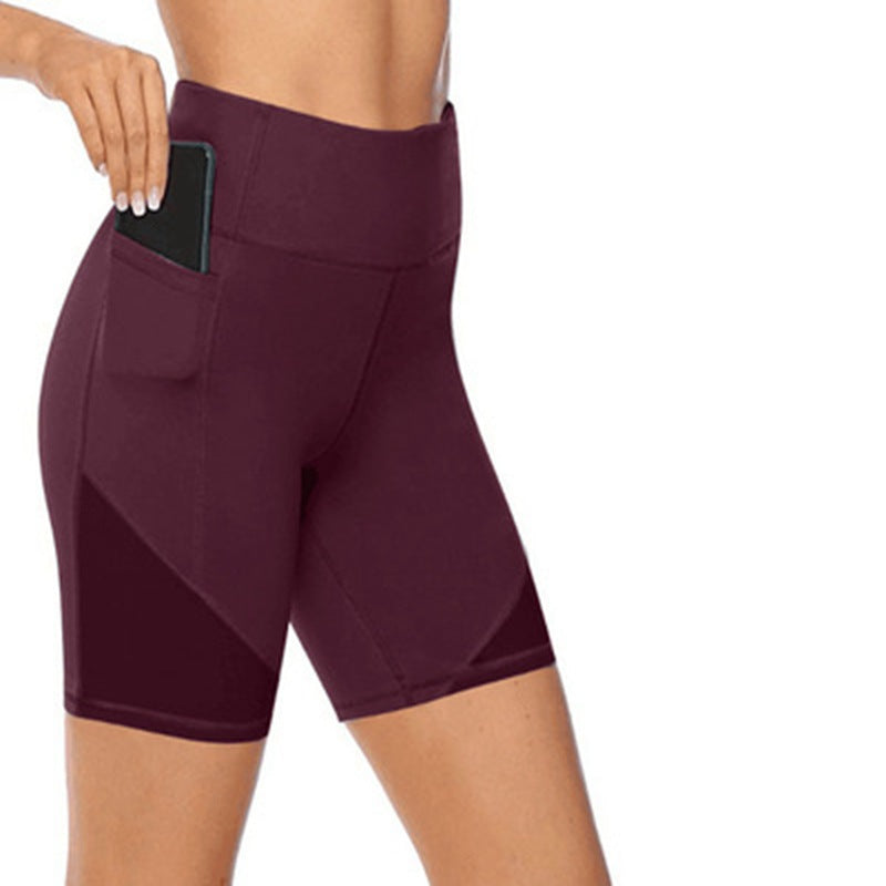 Solid Pocket High Waist Sports Shorts Quick Dry Gym Yoga Pants