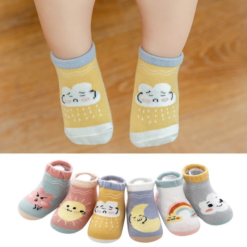 Cartoon Rainbow Non-Slip Boat Socks for Toddlers, Combed Cotton Low-Top Baby Socks (1-3Y)
