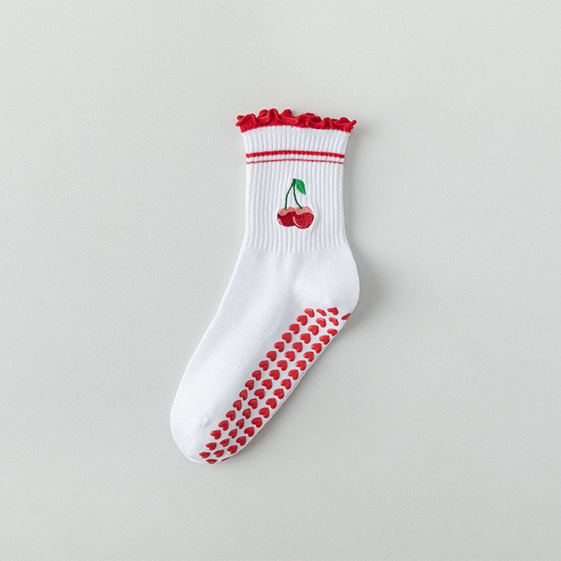 Cute Cherry Lace Non-Slip Yoga Socks for Women, Bow Detail Cotton Pilates Floor Socks