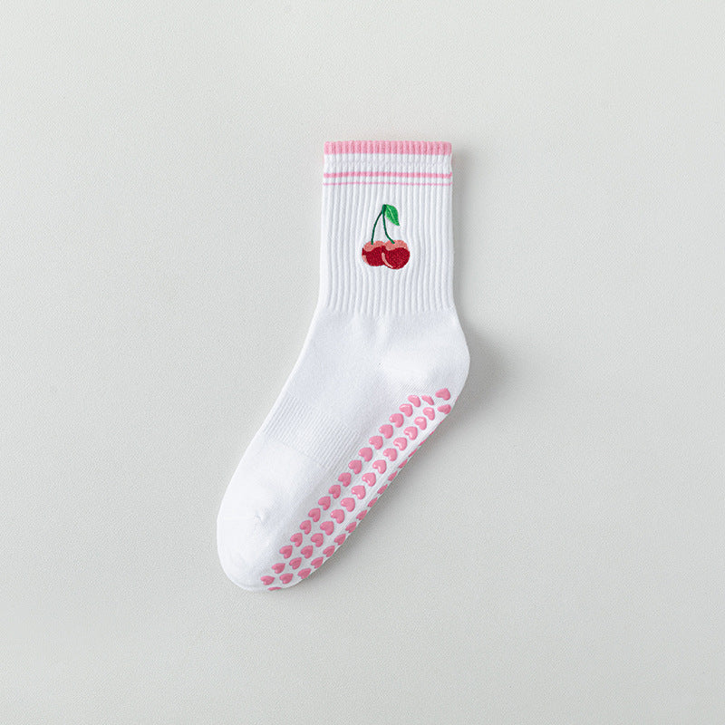 Cute Cherry Lace Non-Slip Yoga Socks for Women, Bow Detail Cotton Pilates Floor Socks