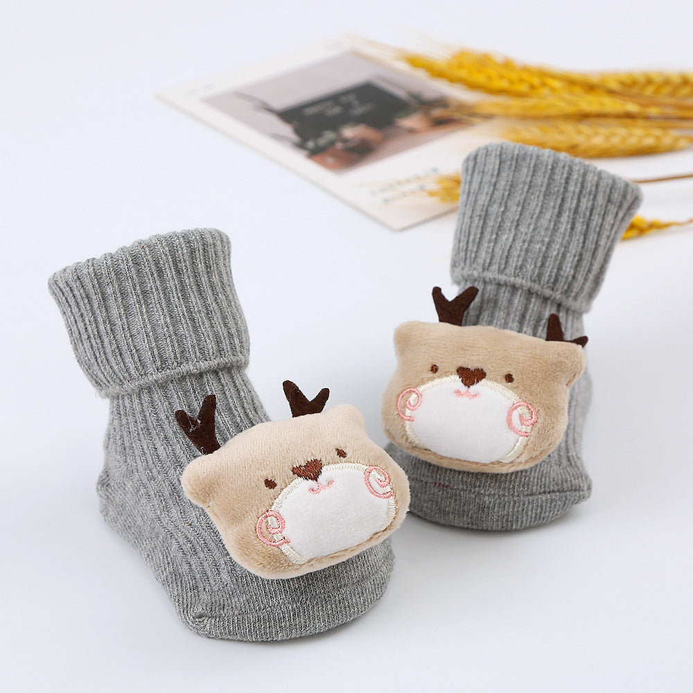 Cute Cartoon Bear Non-Slip Floor Socks for Toddlers, Combed Cotton Mid-Calf Baby Socks (1-3Y)