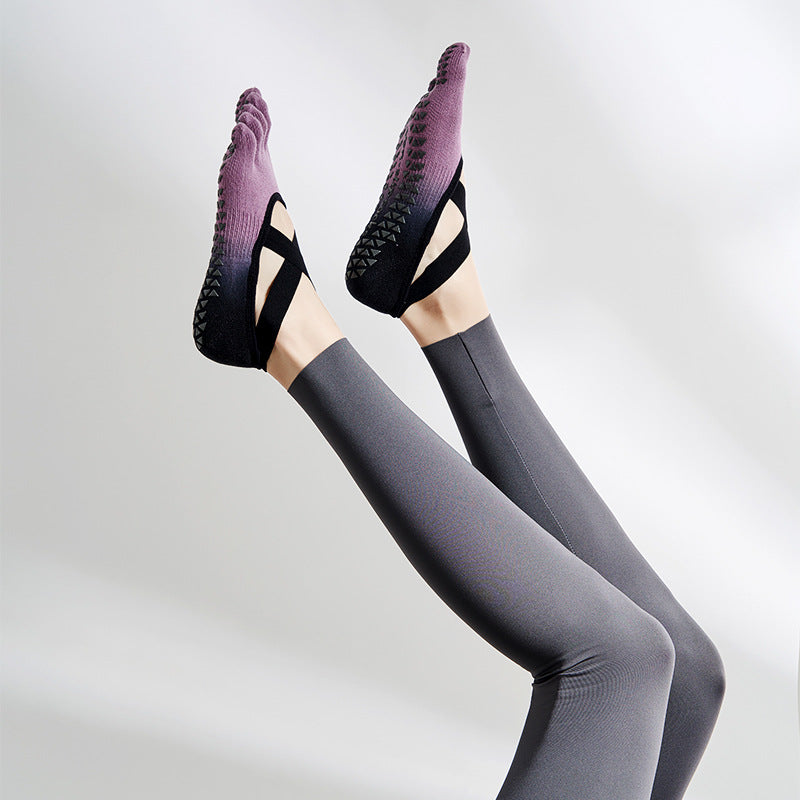 Gradient Non-Slip Five-Toe Yoga Socks for Women, Open-Heel Pilates Socks with Strap, Breathable Cotton Grip Socks for Barre & Home Workouts