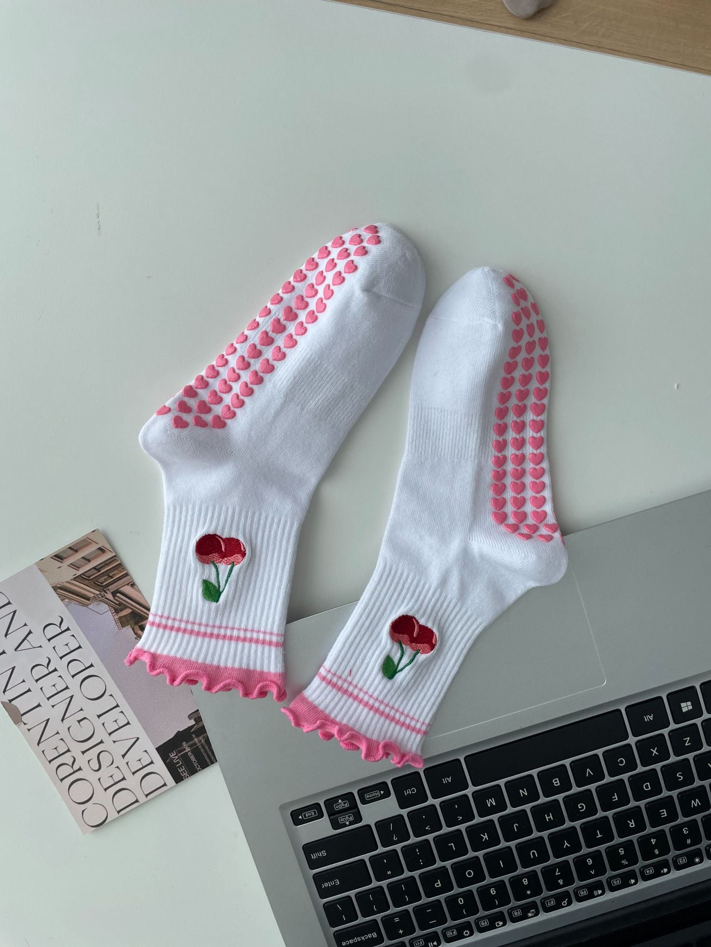 Embroidered Non-Slip Yoga Socks for Women, Mid-Calf Cotton Grip Socks with Cute Cherry Design for Pilates, Fitness & Home Workouts