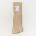 Unisex Non-Slip Five-Toe Yoga Socks, 168N Cotton Mid-Calf Pilates Socks with Letter R Design