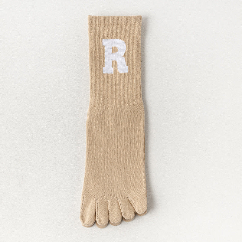 Unisex Non-Slip Five-Toe Yoga Socks, 168N Cotton Mid-Calf Pilates Socks with Letter R Design