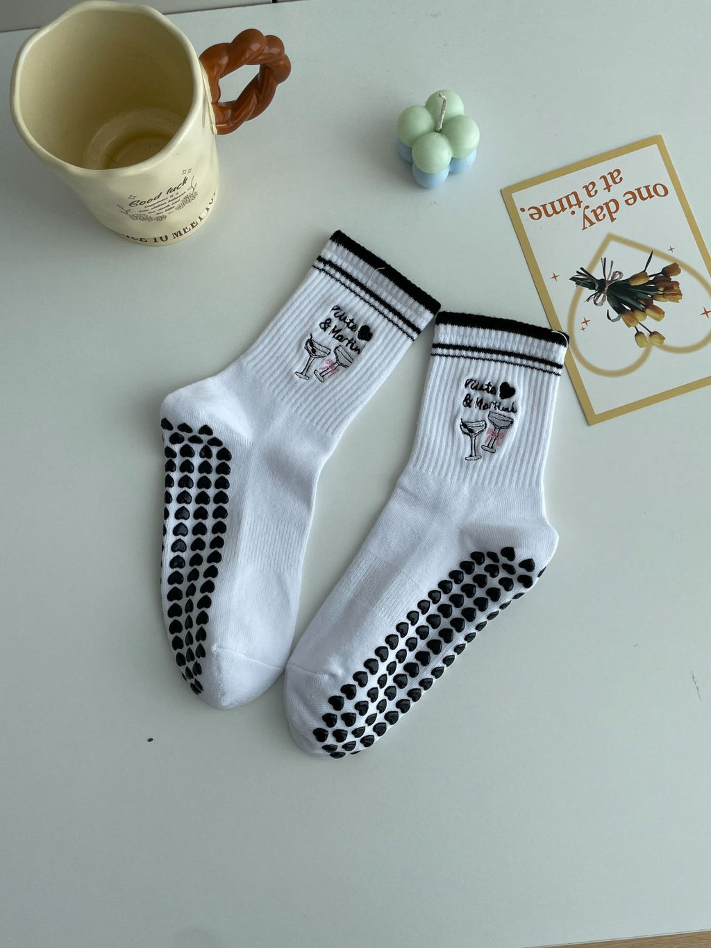 Embroidered Non-Slip Yoga Socks for Women, Mid-Calf Cotton Grip Socks with Cute Cherry Design for Pilates, Fitness & Home Workouts