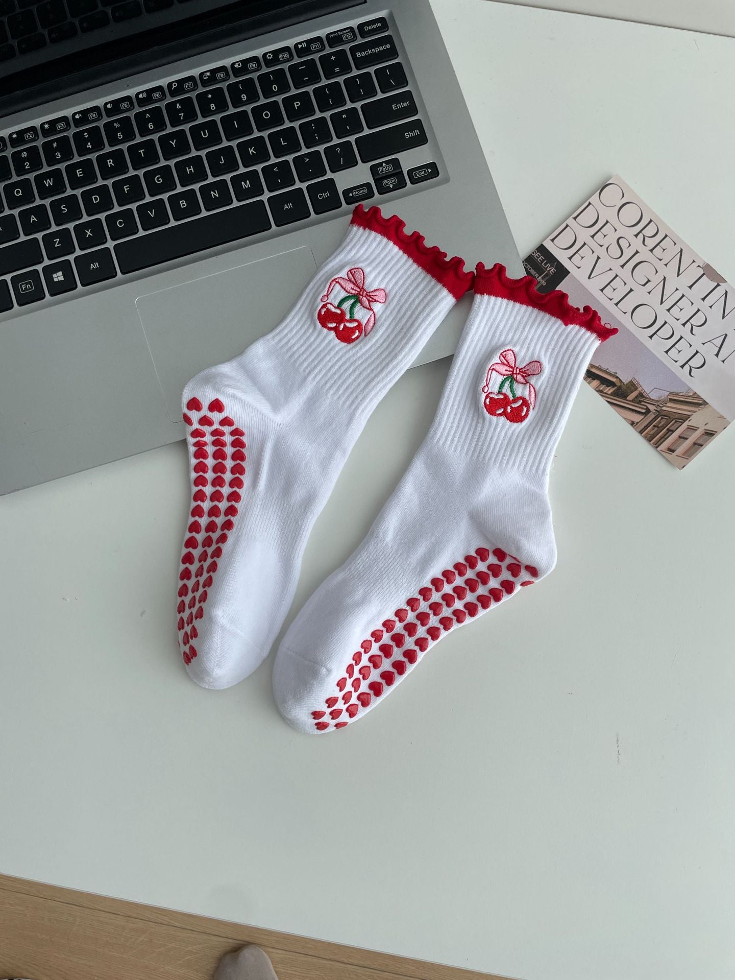 Embroidered Non-Slip Yoga Socks for Women, Mid-Calf Cotton Grip Socks with Cute Cherry Design for Pilates, Fitness & Home Workouts