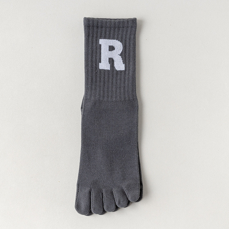 Unisex Non-Slip Five-Toe Yoga Socks, 168N Cotton Mid-Calf Pilates Socks with Letter R Design