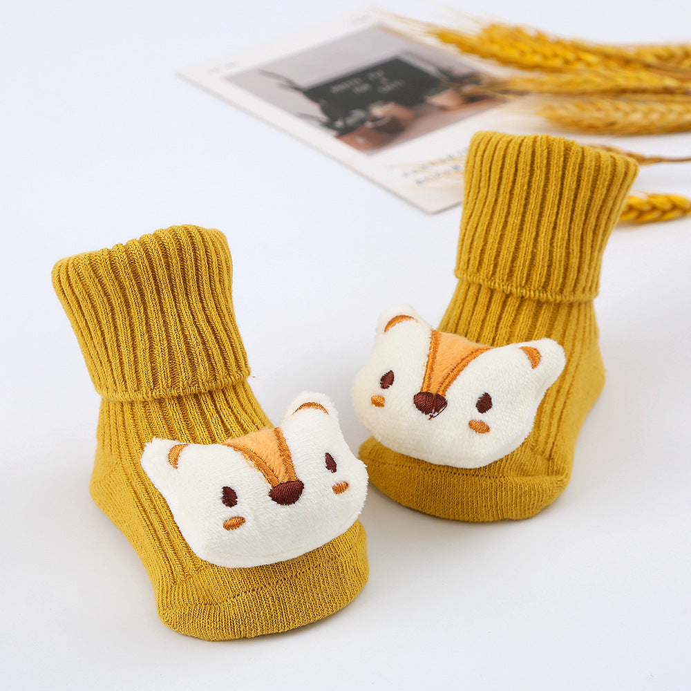 Cute Cartoon Bear Non-Slip Floor Socks for Toddlers, Combed Cotton Mid-Calf Baby Socks (1-3Y)