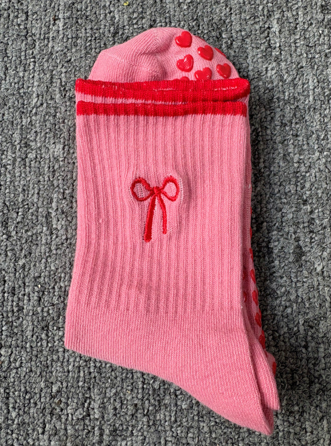 Embroidered Non-Slip Yoga Socks for Women, Mid-Calf Cotton Grip Socks with Cute Cherry Design for Pilates, Fitness & Home Workouts