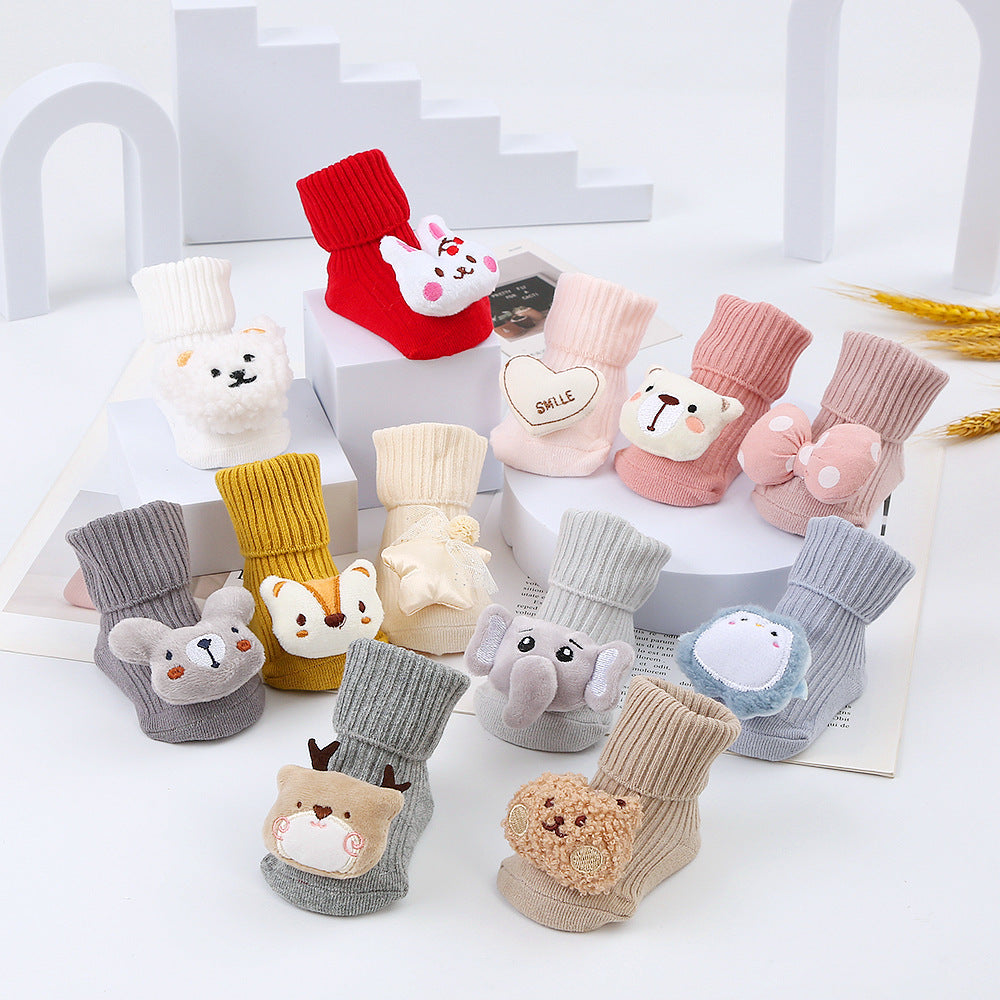 Cute Cartoon Bear Non-Slip Floor Socks for Toddlers, Combed Cotton Mid-Calf Baby Socks (1-3Y)