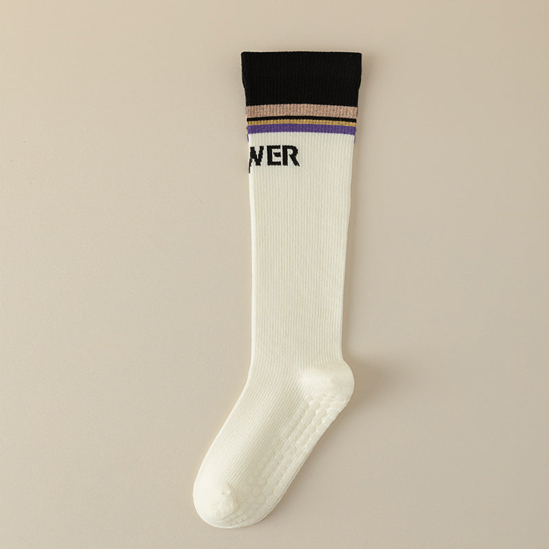 Color Block Knee-High Yoga Socks for Women, Non-Slip Combed Cotton Pilates Socks