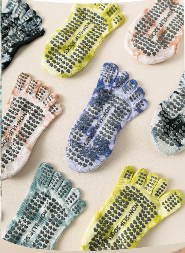 Tie-Dye Five-Toe Yoga Socks for Women | Non-Slip Grip Pilates Socks, Breathable Cotton Short Socks for Dance & Home Workouts