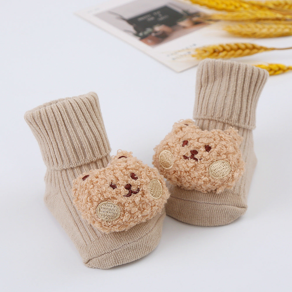 Cute Cartoon Bear Non-Slip Floor Socks for Toddlers, Combed Cotton Mid-Calf Baby Socks (1-3Y)