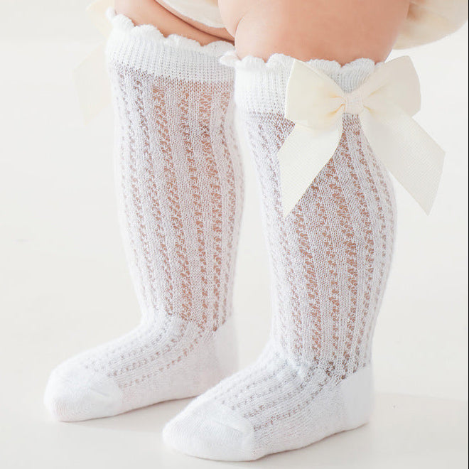 Bow Accent Knee-High Baby Socks for Girls, Ultra-Thin Mesh Cotton Newborn Socks (0-1Y)