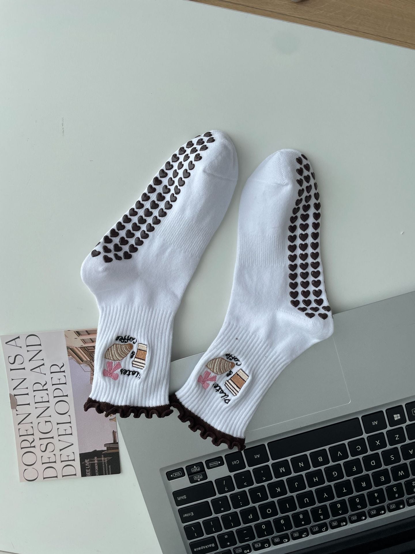 Embroidered Non-Slip Yoga Socks for Women, Mid-Calf Cotton Grip Socks with Cute Cherry Design for Pilates, Fitness & Home Workouts