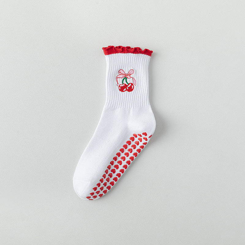 Cute Cherry Lace Non-Slip Yoga Socks for Women, Bow Detail Cotton Pilates Floor Socks