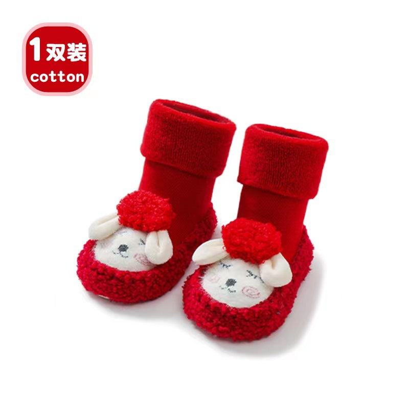Cute Cartoon Non-Slip Baby Floor Socks, Terry Lined Mid-Calf Toddler Socks for Autumn & Winter