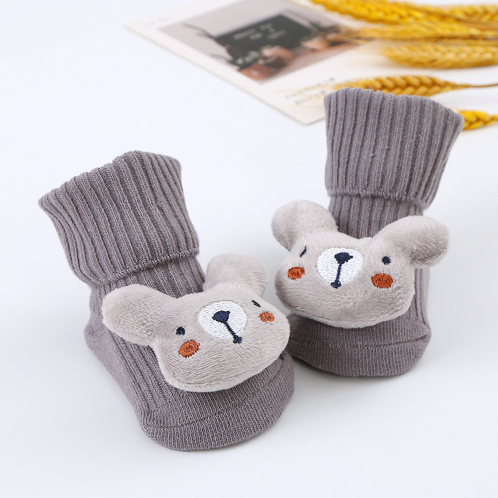 Cute Cartoon Bear Non-Slip Floor Socks for Toddlers, Combed Cotton Mid-Calf Baby Socks (1-3Y)