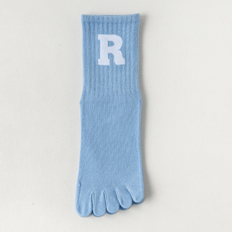 Unisex Non-Slip Five-Toe Yoga Socks, 168N Cotton Mid-Calf Pilates Socks with Letter R Design
