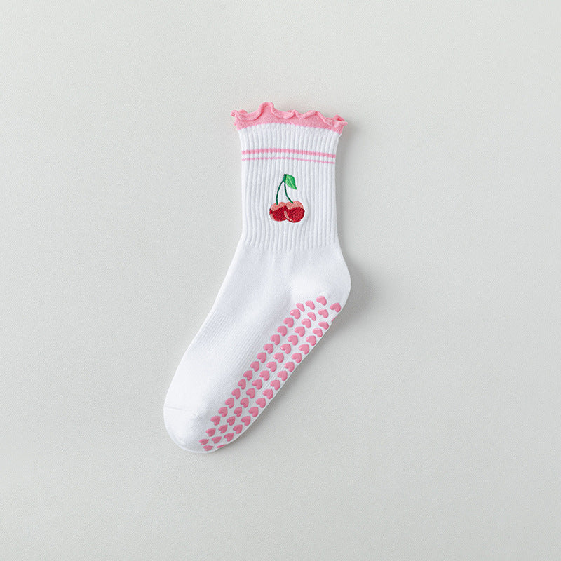 Cute Cherry Lace Non-Slip Yoga Socks for Women, Bow Detail Cotton Pilates Floor Socks
