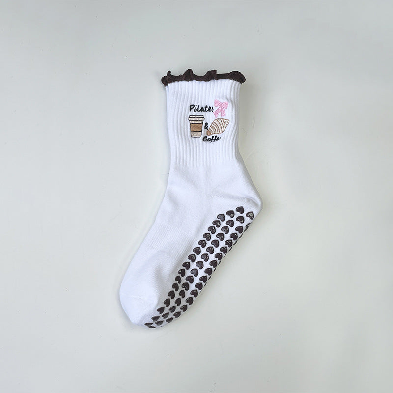 Cute Cherry Lace Non-Slip Yoga Socks for Women, Bow Detail Cotton Pilates Floor Socks