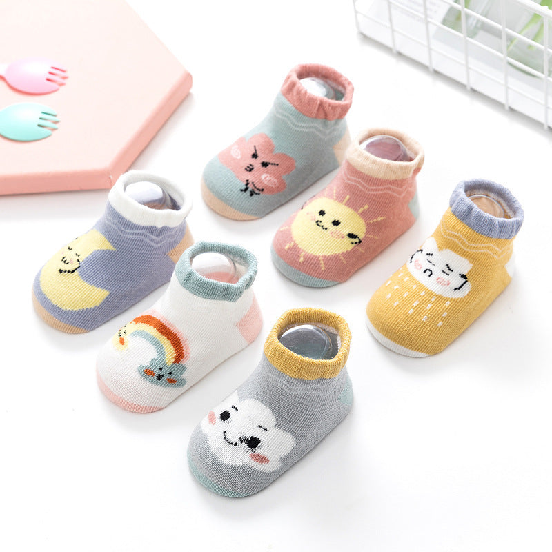Cartoon Rainbow Non-Slip Boat Socks for Toddlers, Combed Cotton Low-Top Baby Socks (1-3Y)