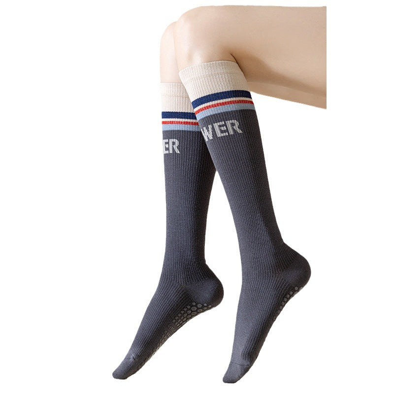 Color Block Knee-High Yoga Socks for Women, Non-Slip Combed Cotton Pilates Socks