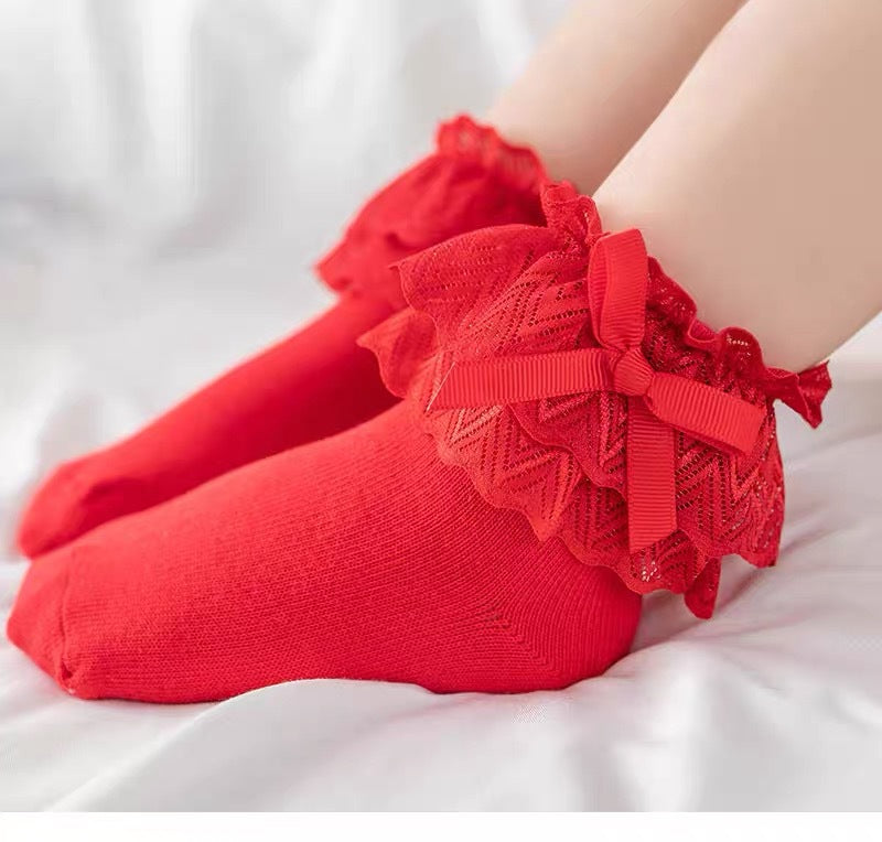 Ruffle Trim Frill Baby Socks for Girls, 80% Combed Cotton Crew Socks (6-8Y)