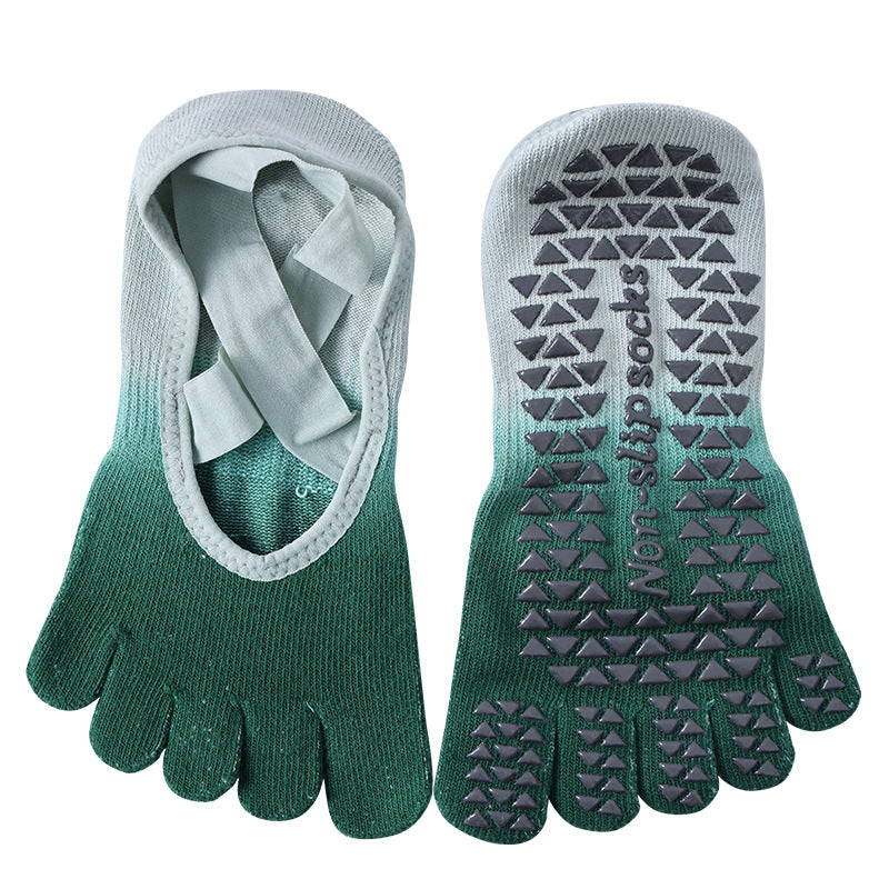 Gradient Non-Slip Five-Toe Yoga Socks for Women, Open-Heel Pilates Socks with Strap, Breathable Cotton Grip Socks for Barre & Home Workouts