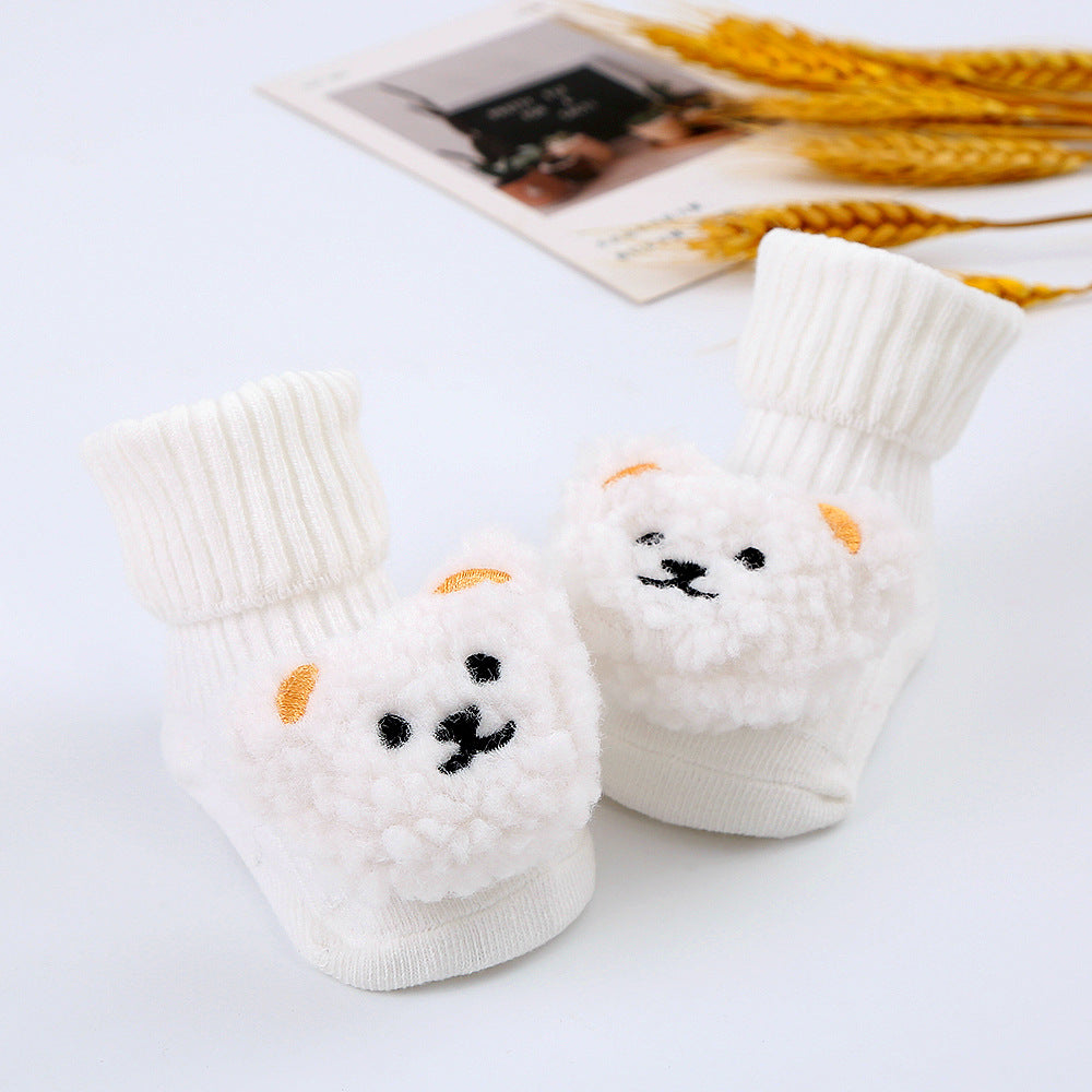 Cute Cartoon Bear Non-Slip Floor Socks for Toddlers, Combed Cotton Mid-Calf Baby Socks (1-3Y)