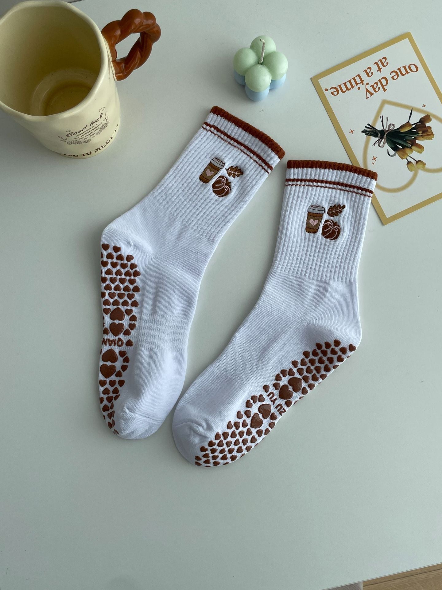 Embroidered Non-Slip Yoga Socks for Women, Mid-Calf Cotton Grip Socks with Cute Cherry Design for Pilates, Fitness & Home Workouts