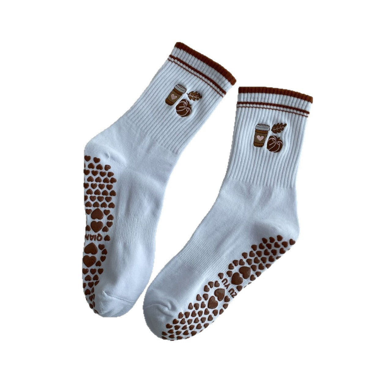 Embroidered Non-Slip Yoga Socks for Women, Mid-Calf Cotton Grip Socks with Cute Cherry Design for Pilates, Fitness & Home Workouts
