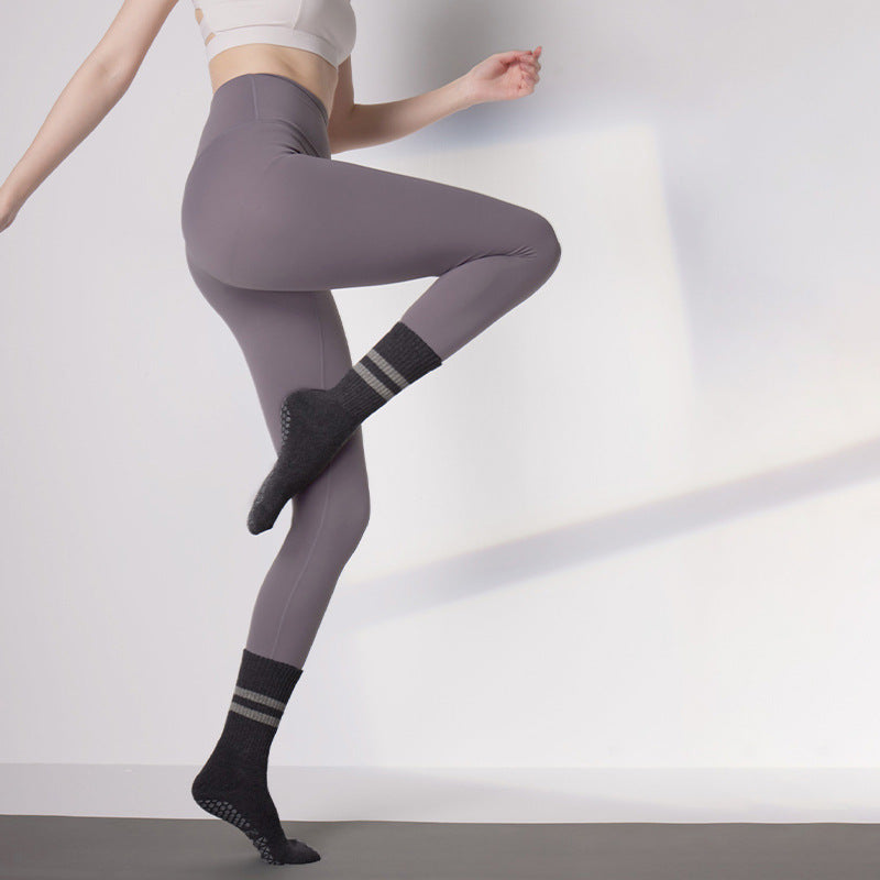 Thickened Non-Slip Mid-Calf Yoga Socks for Women, 144N Pure Cotton Compression Pilates Socks