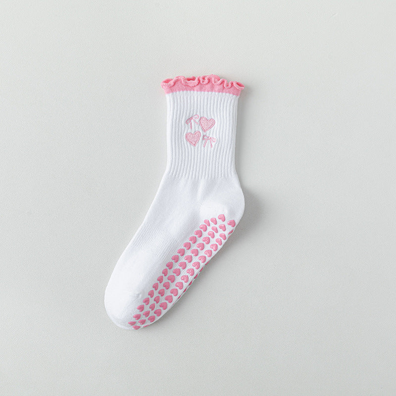 Cute Cherry Lace Non-Slip Yoga Socks for Women, Bow Detail Cotton Pilates Floor Socks
