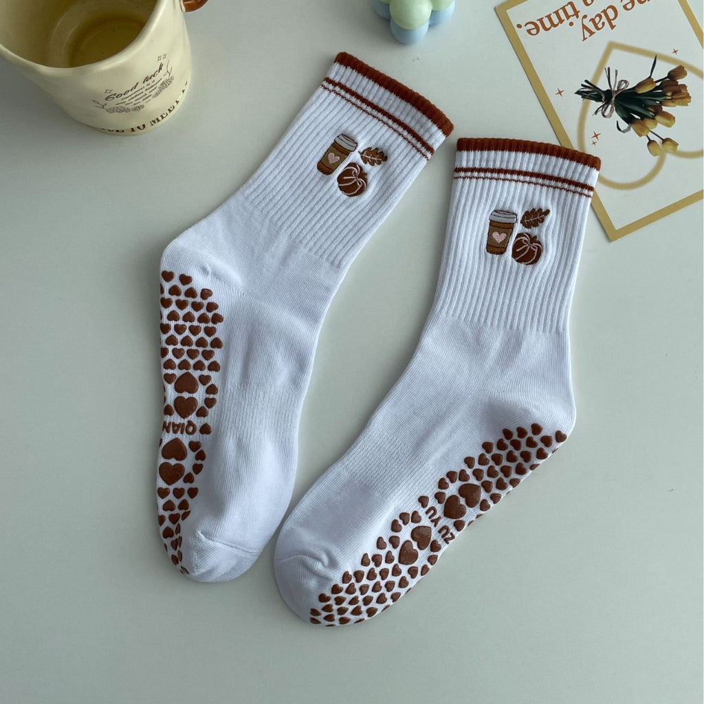 Embroidered Non-Slip Yoga Socks for Women, Mid-Calf Cotton Grip Socks with Cute Cherry Design for Pilates, Fitness & Home Workouts