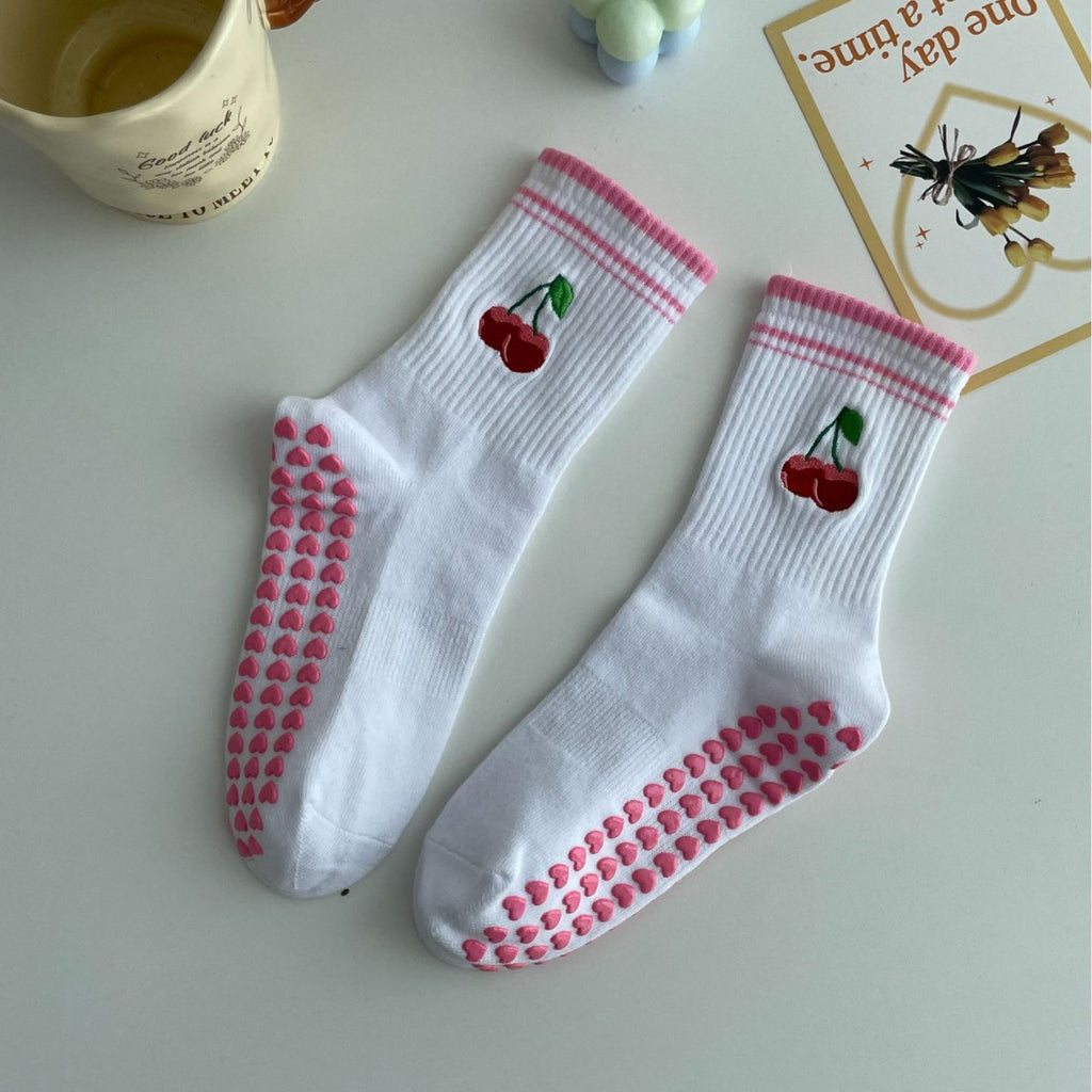 Embroidered Non-Slip Yoga Socks for Women, Mid-Calf Cotton Grip Socks with Cute Cherry Design for Pilates, Fitness & Home Workouts