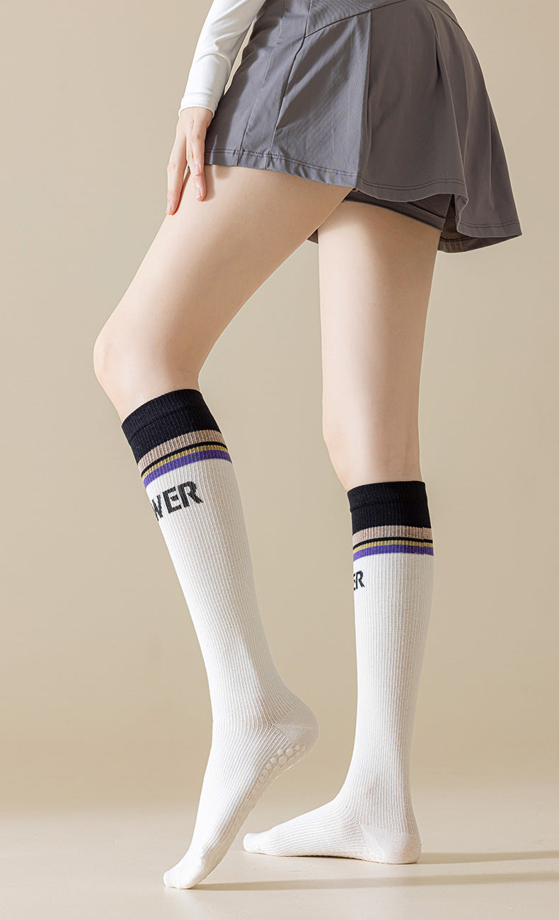 Color Block Knee-High Yoga Socks for Women, Non-Slip Combed Cotton Pilates Socks