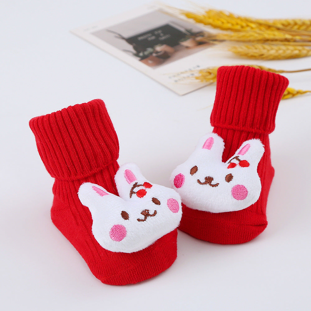 Cute Cartoon Bear Non-Slip Floor Socks for Toddlers, Combed Cotton Mid-Calf Baby Socks (1-3Y)