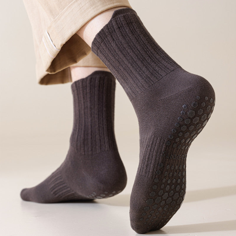 Men's Non-Slip Yoga Socks, Mid-Calf Cotton Grip Socks for Pilates, Fitness, Running & Indoor Workouts