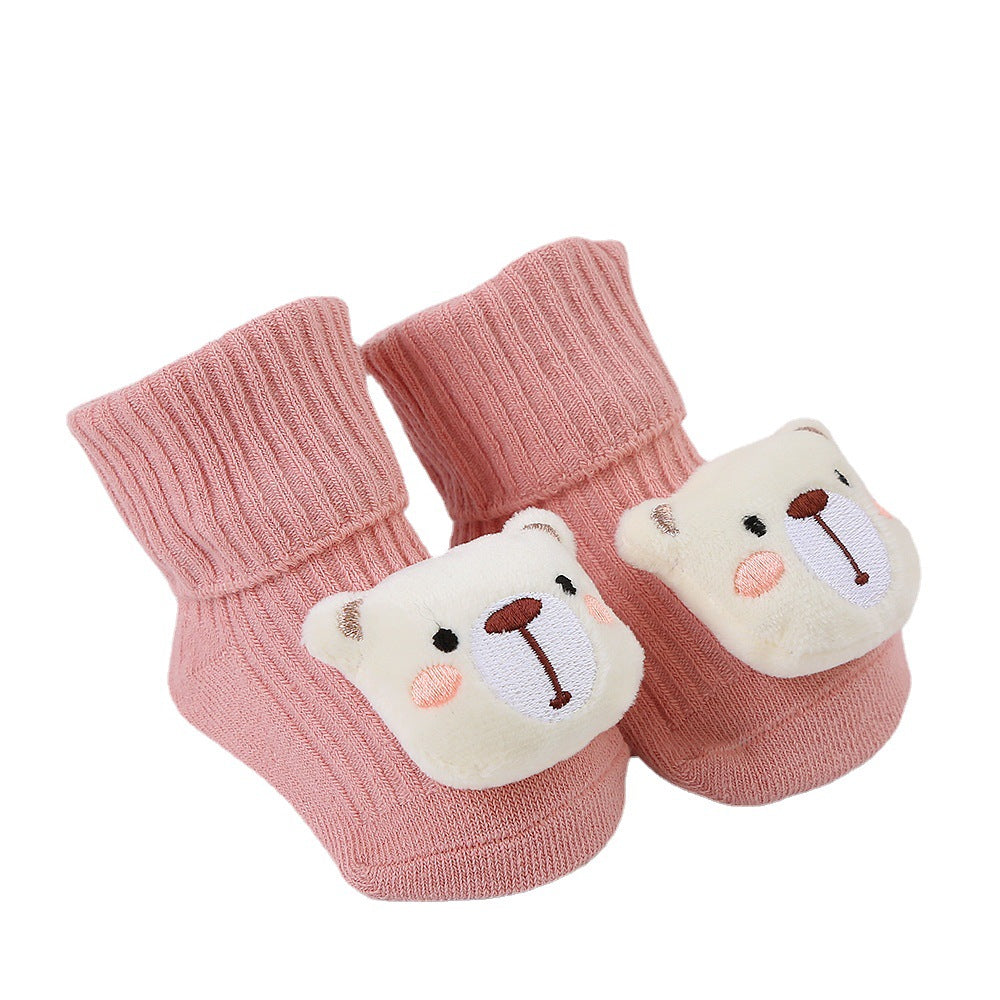 Cute Cartoon Bear Non-Slip Floor Socks for Toddlers, Combed Cotton Mid-Calf Baby Socks (1-3Y)